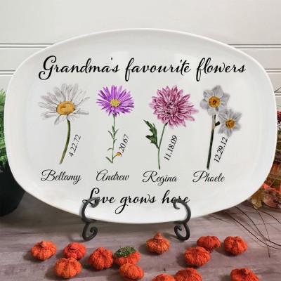 Personalized Grandma's Favorite Flowers Plate Birth Month Flower Platter with Kids Names Gift for Grandma Mom