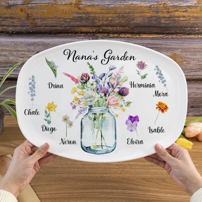 Personalized Grandma's Garden Plate Birth Month Flower Platter With Grandchildren Names Gift For Grandma Nana