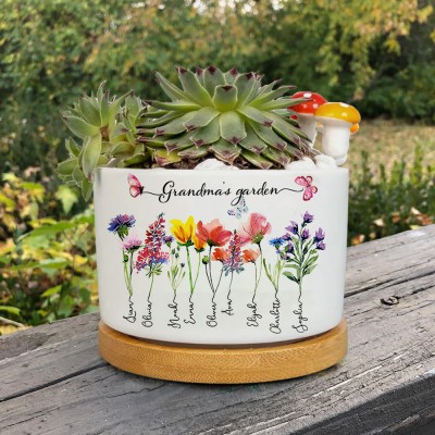 Personalized Nana's Garden Birth Flower Mini Succulent Plant Pot with Kids Names Gift Ideas for Mom Grandma Birthday Gifts