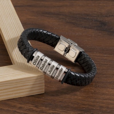 Personalized Mens Beads Braid Leather Bracelet With 1-10 Beads