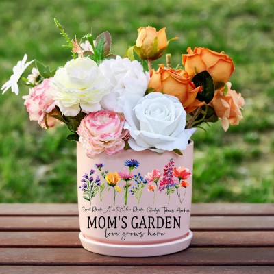 Personalized Mom's Garden Outdoor Birth Flower Plant Pot with Kids Names Gift Ideas for Mom Grandma Family Gifts 