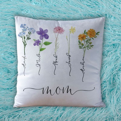 Personalized Birth Month Flower Mom Pillow with Kids Names Mother's Day Gift