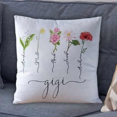 Personalized Birth Month Flower Gigi Pillow with Kids Names Mother's Day Gift