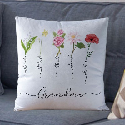 Personalized Birth Month Flower Grandma Pillow with Kids Names Mother's Day Gift