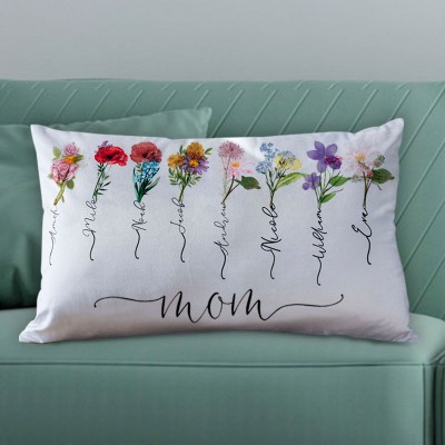 Personalized Birth Month Flower Mom Pillow with Kids Names Mother's Day Gift