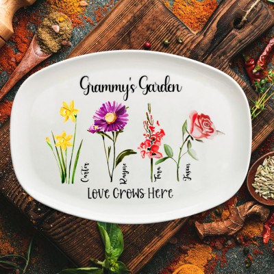 Custom Grammy's Garden Birth Month Flower Platter With Kids Names Gift for Grammy Mom