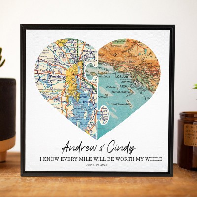 Custom Couples Heart Map Long Distance Relationship Gift for Boyfriend Valentine's Day Gifts for Her Anniversary Gift Ideas