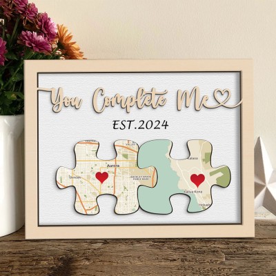 Personalized You Complete Me Puzzle Map Wooden Sign Valentine's Day Gift for Her Anniversary Gift Ideas
