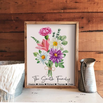 Grandma's Garden Birth Flower Bouquet Wood Sign Art Print Personalized Gifts for Grandma Mom Christmas Gifts