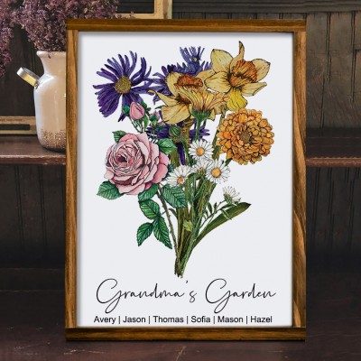Custom Family Art Print Birth Flower Bouquet Frame With Names Heartful Gift for Mom Grandma Mother's Day Gift