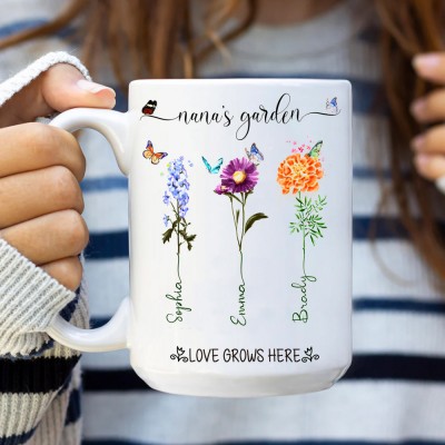 Personalized Nana's Garden Birth Flower Mug Engraved with Kids Names Unique Gifts for Grandma Mom
