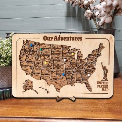 Personalized USA Push Pin Wooden Travel Map Keepsake Gifts for Couple Valentine's Day Gifts for Him Anniversary Gifts