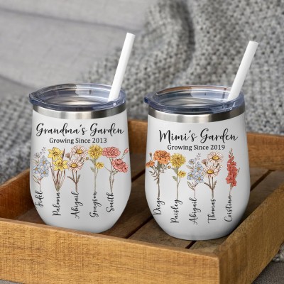 Custom Gigi's Garden Love Grows Here Birth Flower Wine Tumbler Gifts for Mom Grandma Mother's day Gift Ideas