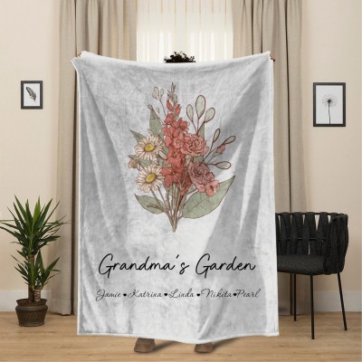 Custom Grandma's Garden Birth Flower Bouquet Blanket With Grandkids Names Gift Ideas for Grandma Mom Mother's Day Gift