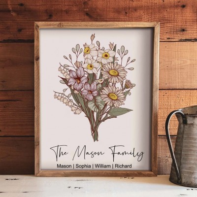 Custom Family Birth Flower Bouquet Frame with Kids Names Gift Ideas for Her Christmas Gifts for Mom Grandma