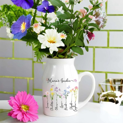 Custom Birth Flower Grandma's Garden Vase with Kids Names Gift Ideas for Mom Grandma Christmas Gift