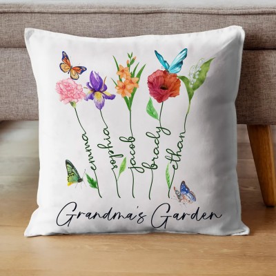Personalized Birth Flower Throw Pillow Grandma's Garden Decorative Pillow Grandparents Gift from Grandkids Love Gifts for Mom