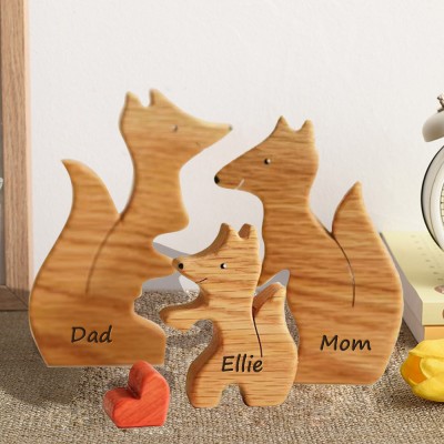 Wooden Fox Family Puzzle Personalized Animal Figurines with Names Anniversary Gifts Christmas Gifts