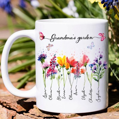 Personalized Nana's Garden Birth Month Flower Mug With Grandkids Names Gift Ideas for Mom Grandma