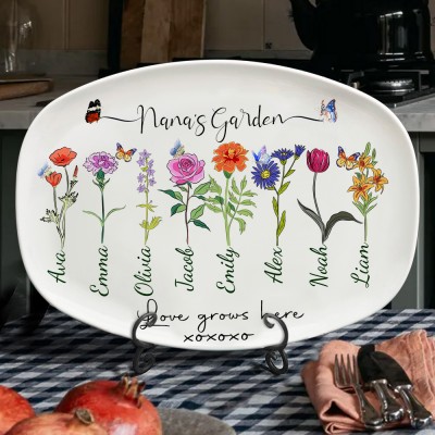 Custom Nan's Garden Birth Flower Platter with Grandkids Names Gift for Mom Grandma Birthday Gift for Her