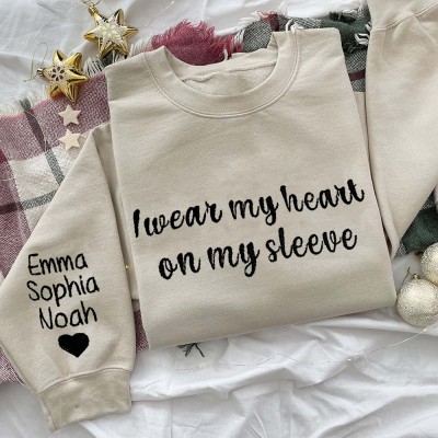 Personalized Embroidered I Wear My Heart on My Sleeve Hoodie Sweatshirt Heartful Mother's Day Gift Ideas