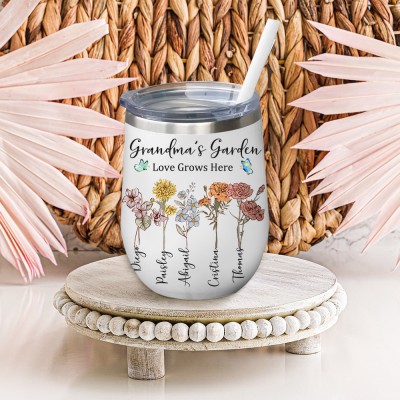 Personalized Nana's Garden Love Grows Here Birth Flower Wine Tumbler Unique Gifts for Mom Grandma Mother's day Gift Ideas