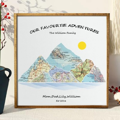 Custom Couples Travel Map Mountain Wall Art Anniversary Gifts for Husband, Wife Couples Engagement Gifts