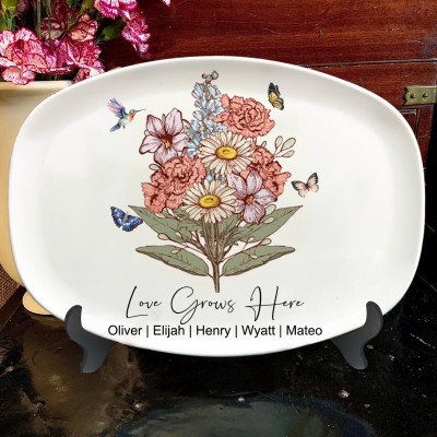 Custom Grandma's Garden Birth Flower Bouquet Family Platter Heartful Gifts For Grandma Mom Mother's Day Gift