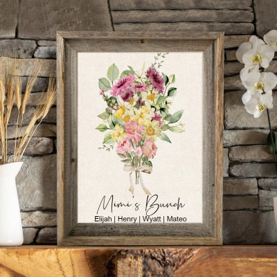 Custom Birth Flower Family Bouquet Art Print Frame Christmas Gifts for Mom Grandma