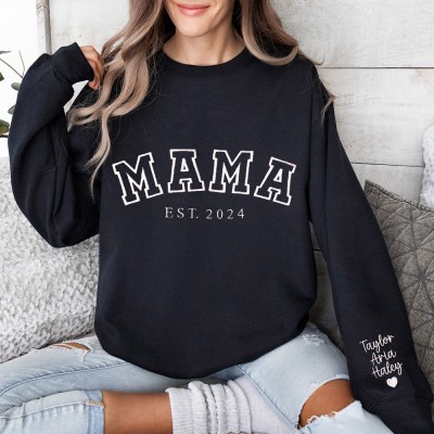 Custom Mama Embroidered Sweatshirt Hoodie with Kids Names On Sleeve Unique Gift For Mom Grandma Mother's Day Gifts