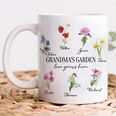 Custom Birth Month Flower Grandma's Garden Mug with Grandkids Names Love Gift Ideas for Mom Grandma Birthday Gift