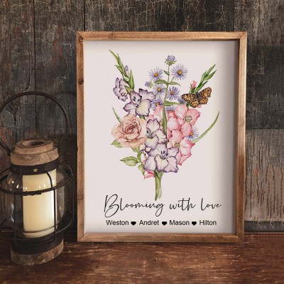 Personalized Grandma's Garden Birth Flower Bouquet Print Art Gift Ideas for Grandma Mom Christmas Gifts