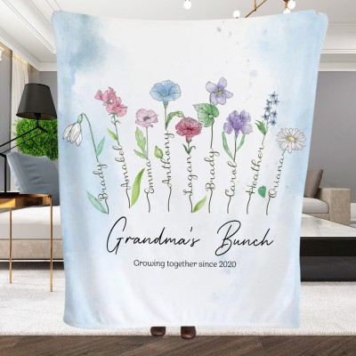 Personalized Grandma's Bunch Birth Month Flower Blanket with Kids Names Great Gift Ideas For Grandma Mom