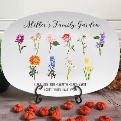 Personalized Family Garden Birth Month Flower Platter with Engraved Names Love Gift for Grandma