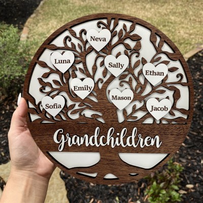 Custom Wooden Grandparents Family Tree Sign Engraved Names in Heart Gift for Mom Lovely Family Gift Mother's Day Gift for Grandma Anniversary Gift