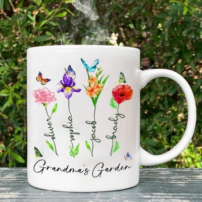 Grandma's Garden Birth Month Flower Mug with Grandkids Names Personalized Gift Ideas for Mom Grandma Family Keepsake Gift