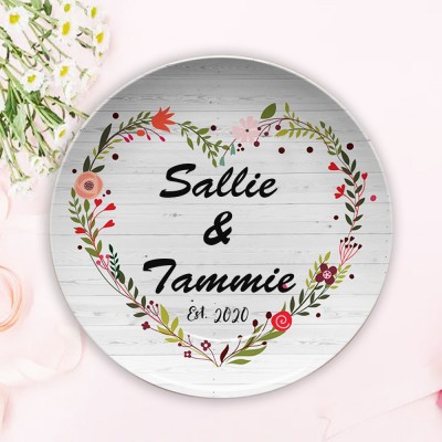 Personalized Floral Wreath Couple Serving Plate Wedding Anniversary Valentine's Day Gift for Wife
