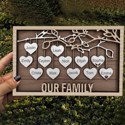 Personalized Family Tree Wooden Sign Hanging Heart Name Frame Gift for Grandparents from Grandkids Love Gift for Mom