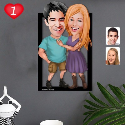 Custom Wooden Caricature Frame 1 year Anniversary Gift for Wife
