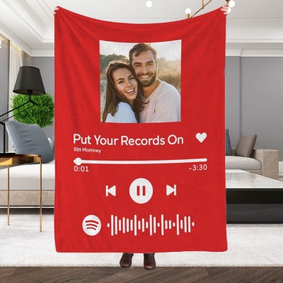 Custom Photo Fleece Blanket With Scannable Spotify Music Code Couples Gift Anniversary Gift for Her