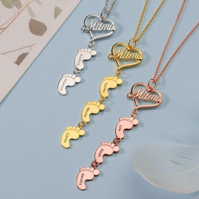18K Gold Plating Personalized Mom Necklace With Baby Feet 1-10 Pendants