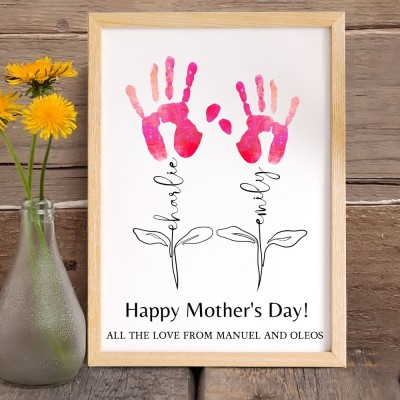 Personalized Mothers Day Wooden Handprint Art Print Frame Gifts for Mom Grandma