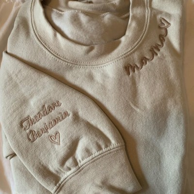 Custom Neckline Embroidered Mama Sweatshirt Hoodie With Kids Names Best Mother's Day Gifts