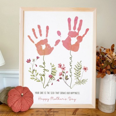 We Grow Because Of You Personalized DIY Handprint Frame Sign With Flower Blooming Family Gifts Mother's Day Gift Ideas