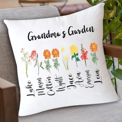 Mama's Garden Pillow Custom Birth Flower Pillow with Kids Names Gift for Mom Grandma Love Gift 