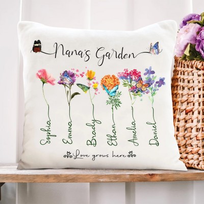 Custom Nana's Garden Birth Flower Pillow With Grandkids Names Unique Gift for Grandma Mom 