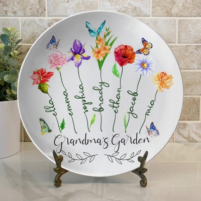 Grandma's Garden Plate with Kids Names Personalized Family Birth Flower Platter Gift Ideas for Grandma Mom