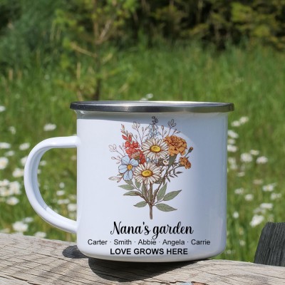 Custom Mom's Garden Birth Month Flower Bouquet Camping Coffee Mug with Kids Names Gift Ideas for Mom Grandma 