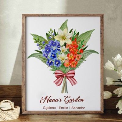 Personalized Grandma's Garden Art Print Birth Flowers Bouquet Frame With Kids Names Love Gift For Mom Grandma Mother's Day Gift