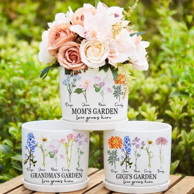 Personalized Grandma's Garden Birth Flower Outdoor Pot with Grandkids Names Mother's Day Gift